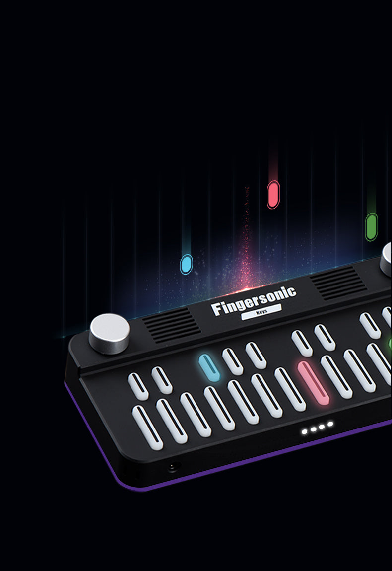 Fingersonic App interface for Fingersonic Keys showing learning, sound presets, and custom sound loading features