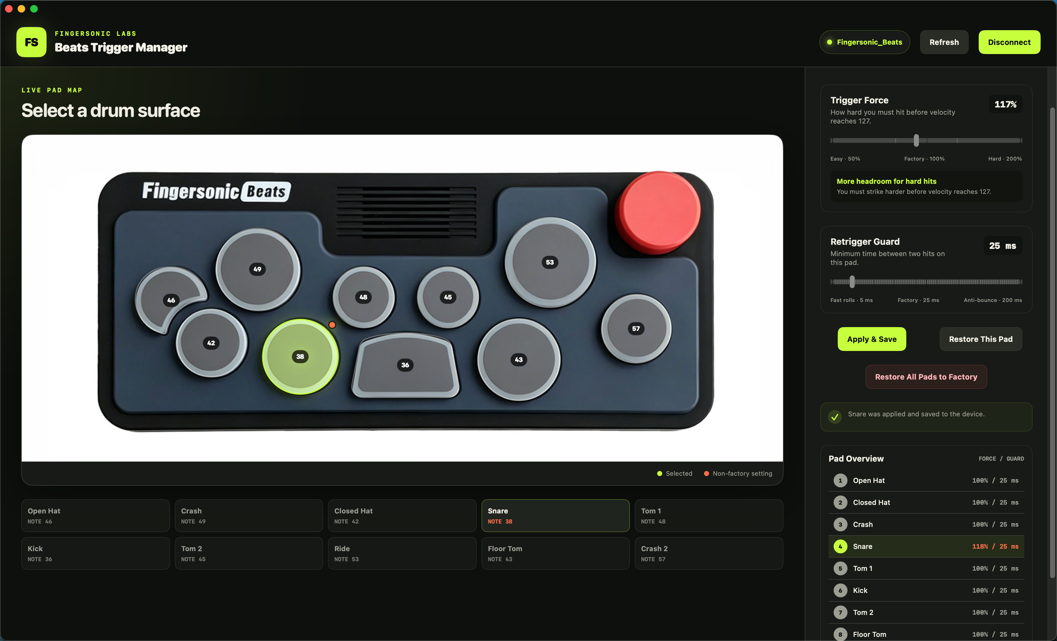 Fingersonic Beats Trigger Manager — Snare pad settings